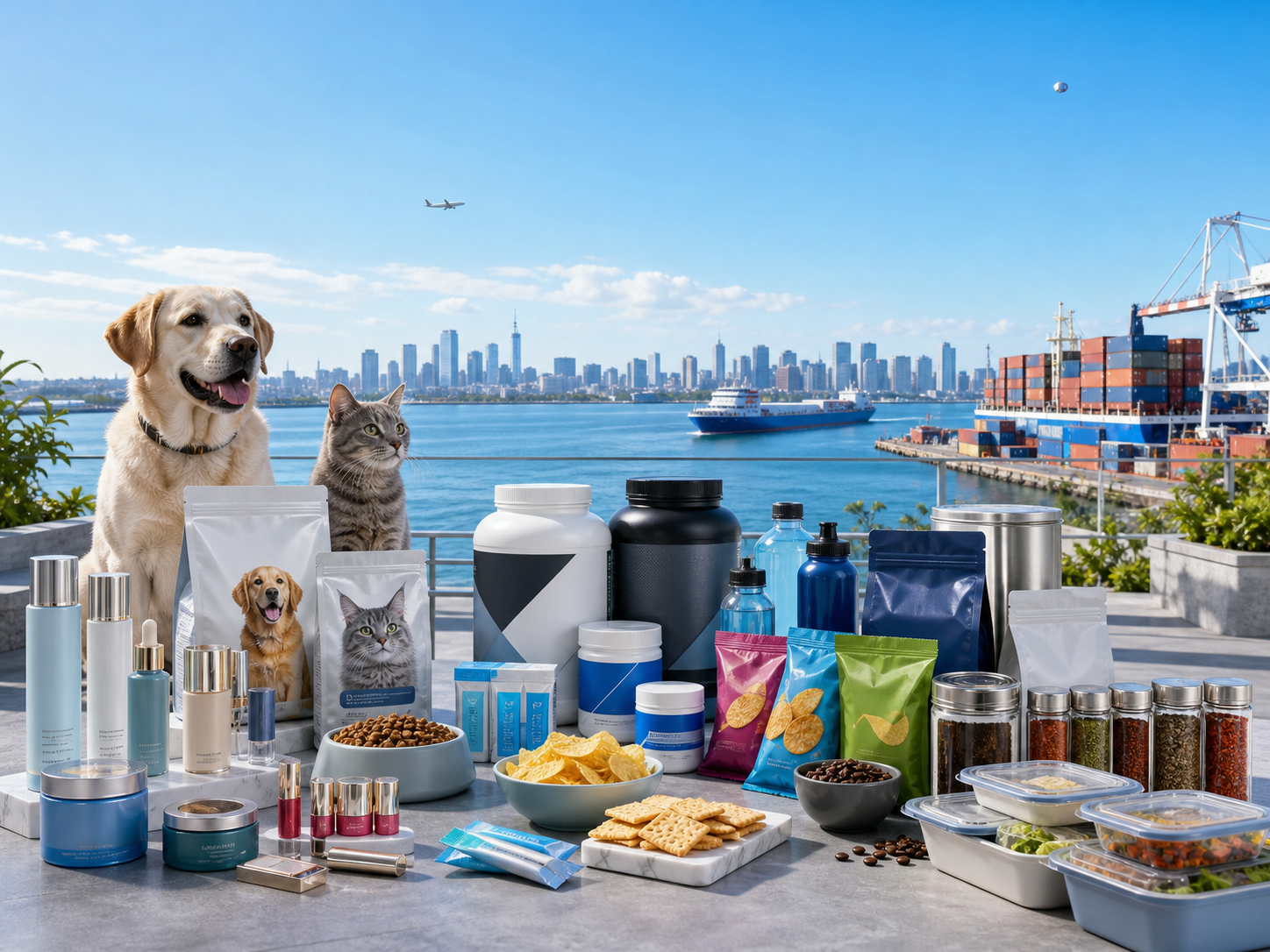 CPG, pet, beverage, spice, and food products with shipping, skyline, water, and blue sky