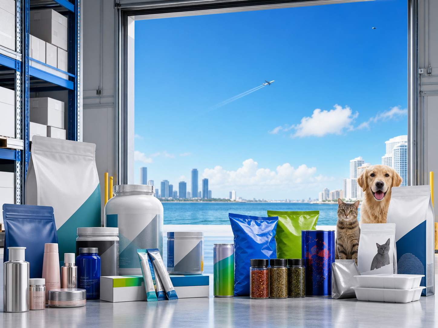 CPG products in a bright warehouse opening toward blue sky with a plane climbing
