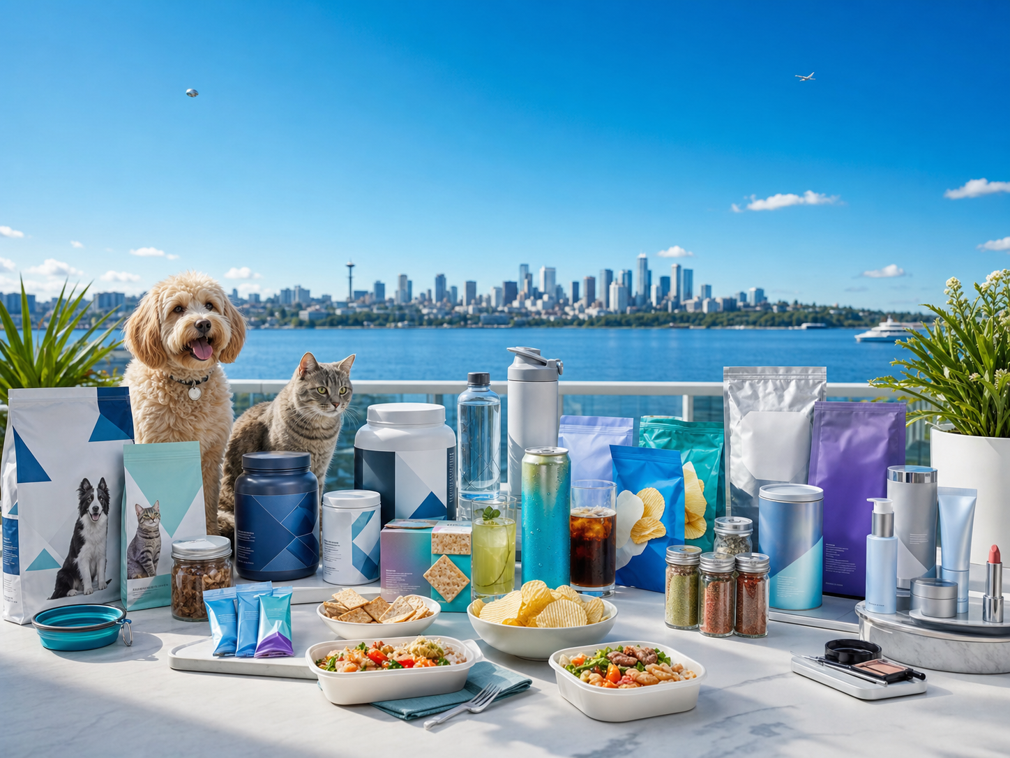 CPG, pet, beverage, spice, and food products beside blue water with a distant plane and skyline