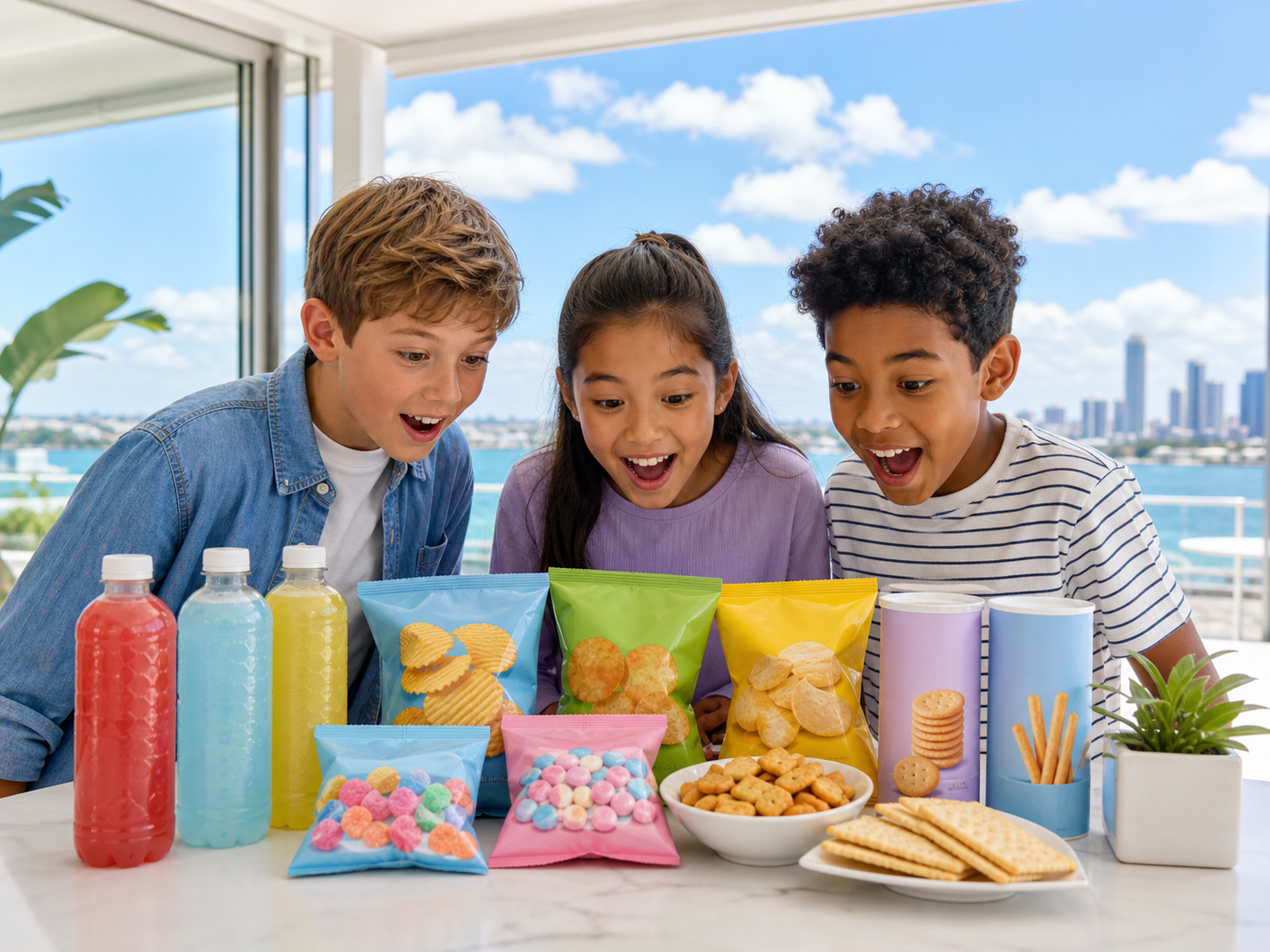 Kids excitedly looking at colorful new drinks, chips, crackers, candy-style snacks, and product packaging